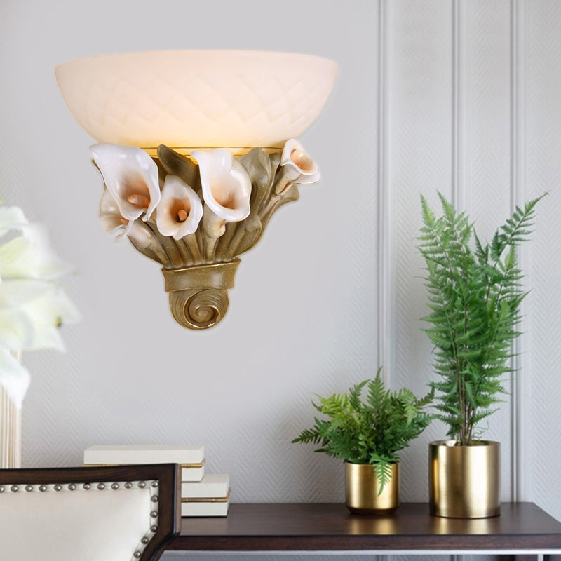 Bowl White Glass Wall Light Fixture Vintage 1 Light Bedside Sconce Light with Yellow/White Flower Design