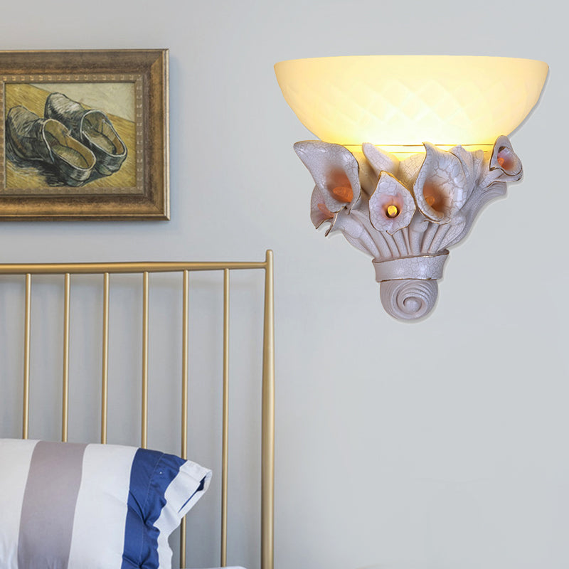 Bowl White Glass Wall Light Fixture Vintage 1 Light Bedside Sconce Light with Yellow/White Flower Design