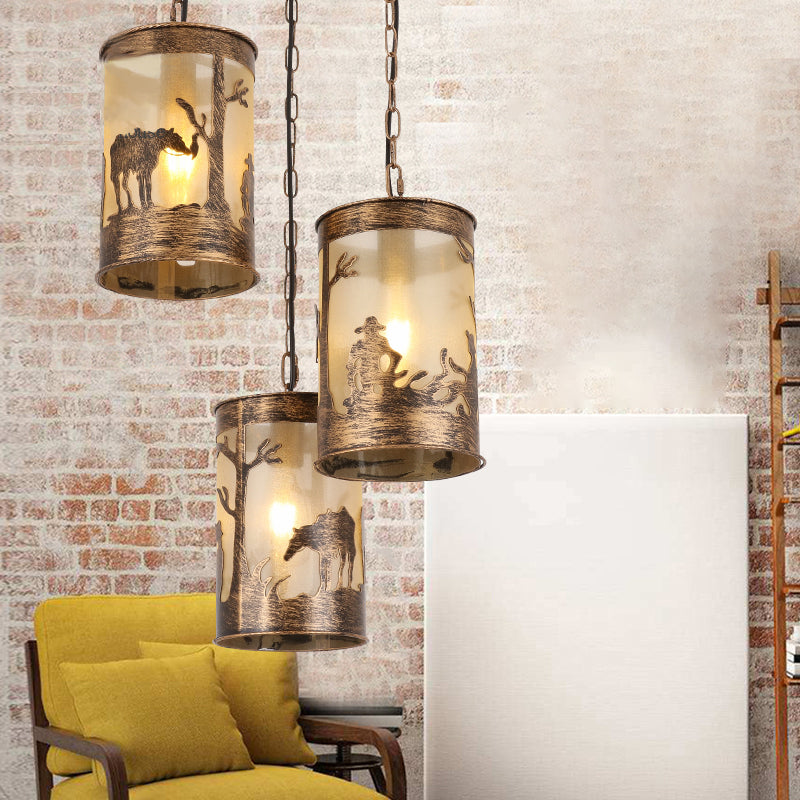 1/3 Lumières Cylindre Pendre le plafond Country Metal Plafond Light en laiton noir / antique avec verrière rond / linéaire