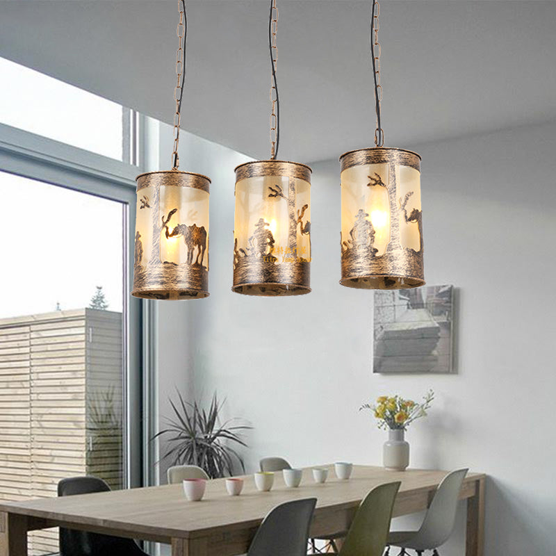 1/3 Lumières Cylindre Pendre le plafond Country Metal Plafond Light en laiton noir / antique avec verrière rond / linéaire