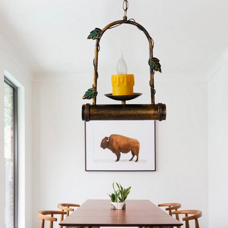 Rustic Candle Hanging Ceiling Light 1 Light Metal Pendant Lighting in Antique Brass with Arced Frame