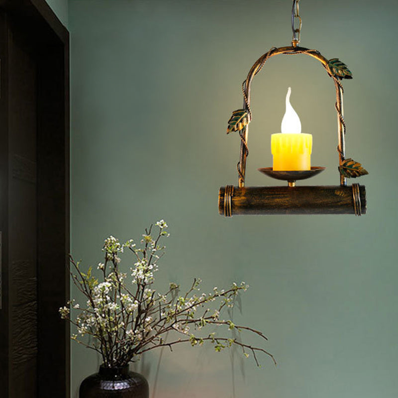 Rustic Candle Hanging Ceiling Light 1 Light Metal Pendant Lighting in Antique Brass with Arced Frame