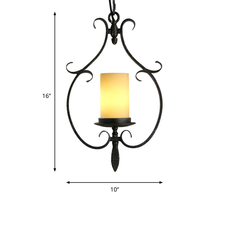 Antique Black Cylinder Pendant Ceiling Light Rustic Beige Glass 1 Light Living Room Hanging Lamp with Metal Cage