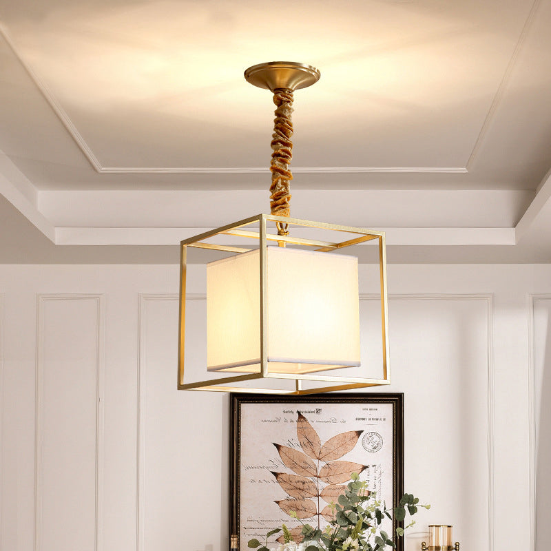 Quadratische Stoff Kronleuchter Licht traditioneller 2/3/4 Lichter Esszimmer Deckenleuchte mit goldenem Kubikrahmen, 10 "/12"/16 "breit
