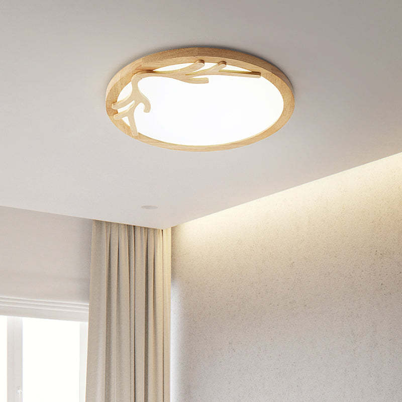 Plafonnier LED moderne en bois de cerf avec diffuseur acrylique, beige