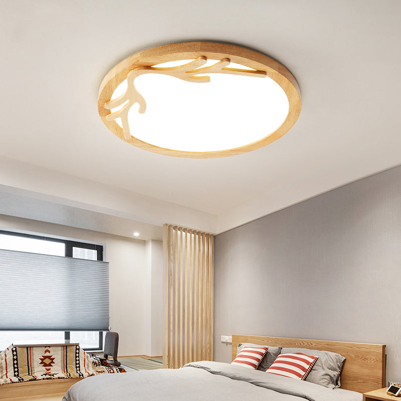 Plafonnier LED moderne en bois de cerf avec diffuseur acrylique, beige