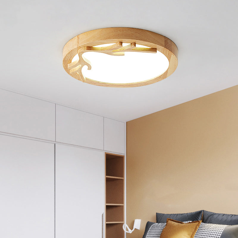 Plafonnier LED moderne en bois de cerf avec diffuseur acrylique, beige