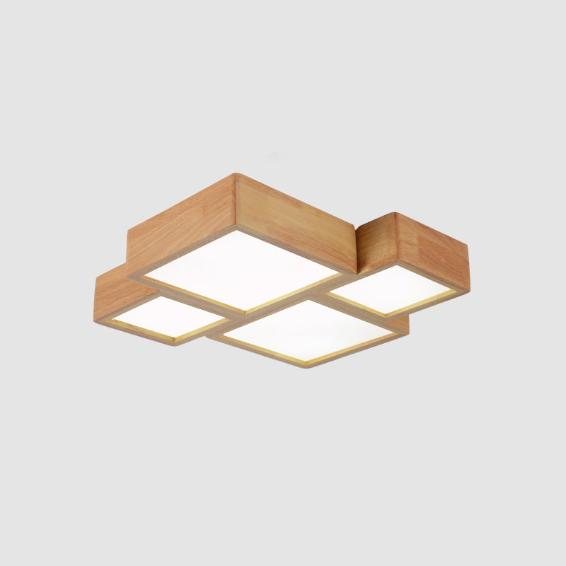 Splicing Squares LED Flush Mount Nordic Wooden Living Room Flushmount Ceiling Light in Beige