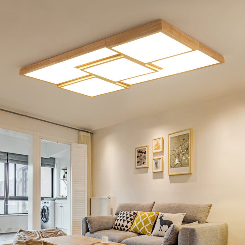 Wooden Geometric Splicing Flush Light Modern Beige LED Flush Ceiling Light Fixture for Living Room