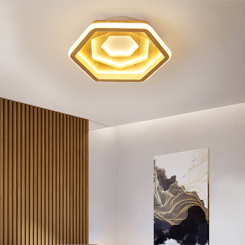 Honeycomb Bedroom LED Flush Ceiling Light Wooden Contemporary Flush Mount Lighting Fixture in Beige