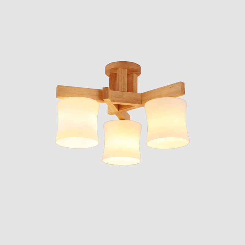 Lámpara semi empotrada cilíndrica de vidrio opal, montaje empotrado en techo beige contemporáneo con dosel de madera
