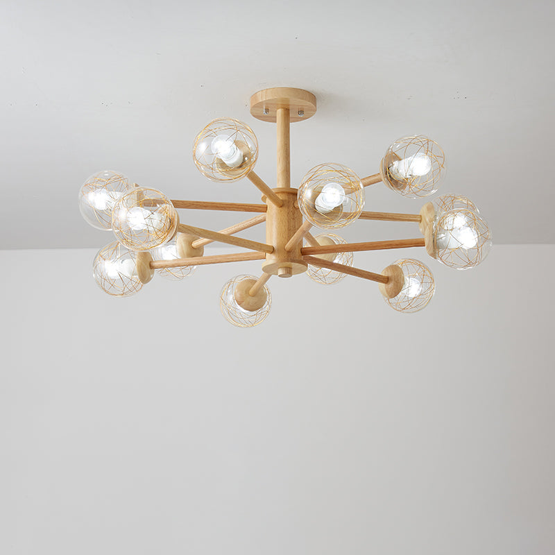 Beige 2-stufige radiale Leuchte nordische LED-hölzerne Kronleuchter Licht mit kugel klaren Glasschatten