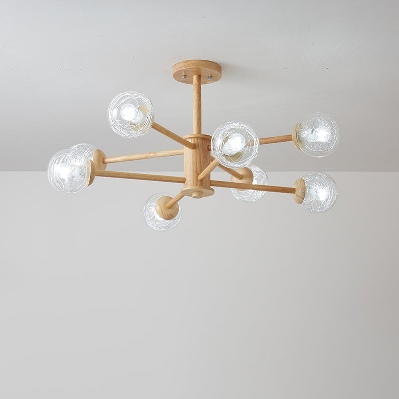 Beige 2-stufige radiale Leuchte nordische LED-hölzerne Kronleuchter Licht mit kugel klaren Glasschatten