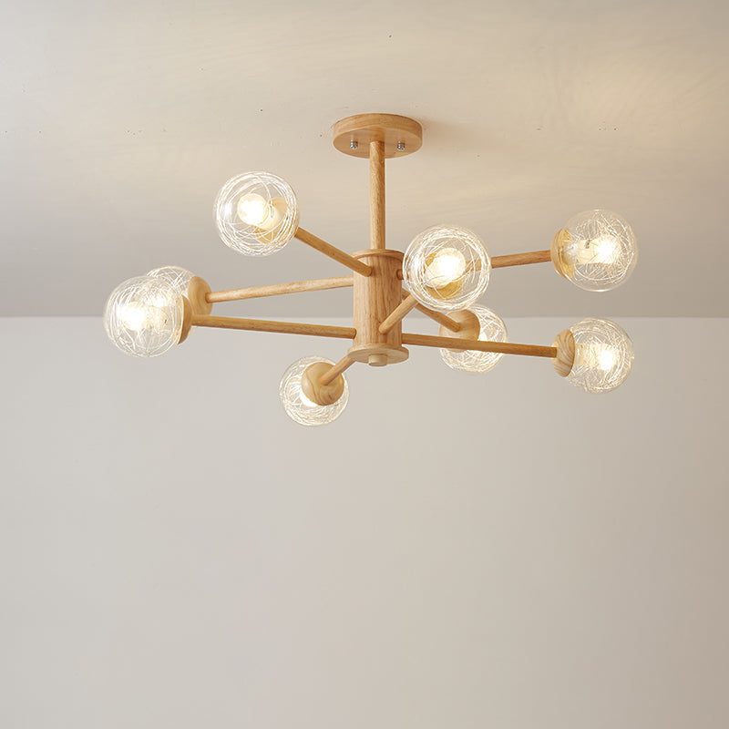 Beige 2-stufige radiale Leuchte nordische LED-hölzerne Kronleuchter Licht mit kugel klaren Glasschatten
