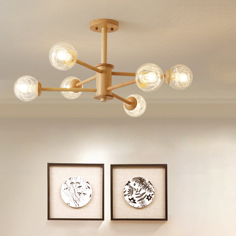 Beige 2-stufige radiale Leuchte nordische LED-hölzerne Kronleuchter Licht mit kugel klaren Glasschatten