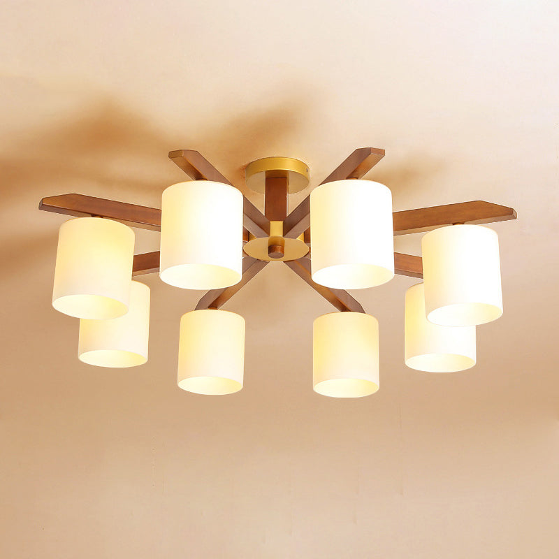 Abat-jour cylindrique en verre crème, éclairage semi-monté, luminaire Beige Simple avec auvent en bois
