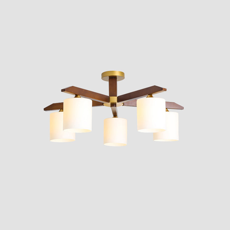 Abat-jour cylindrique en verre crème, éclairage semi-monté, luminaire Beige Simple avec auvent en bois