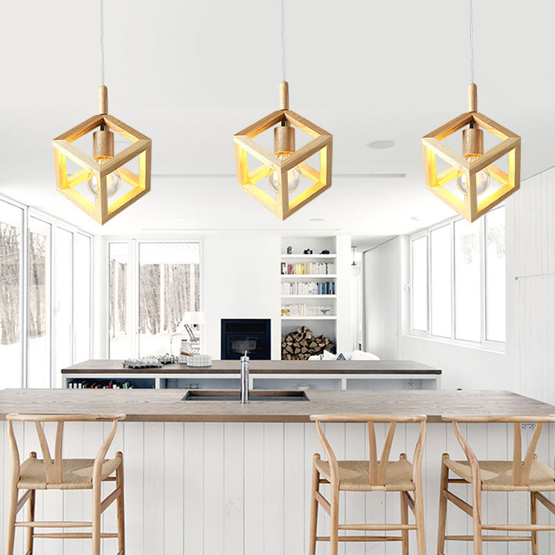 Square Shaped Multi Light Pendant Simple Wooden 3 Bulbs Kitchen Hanging Light Fixture