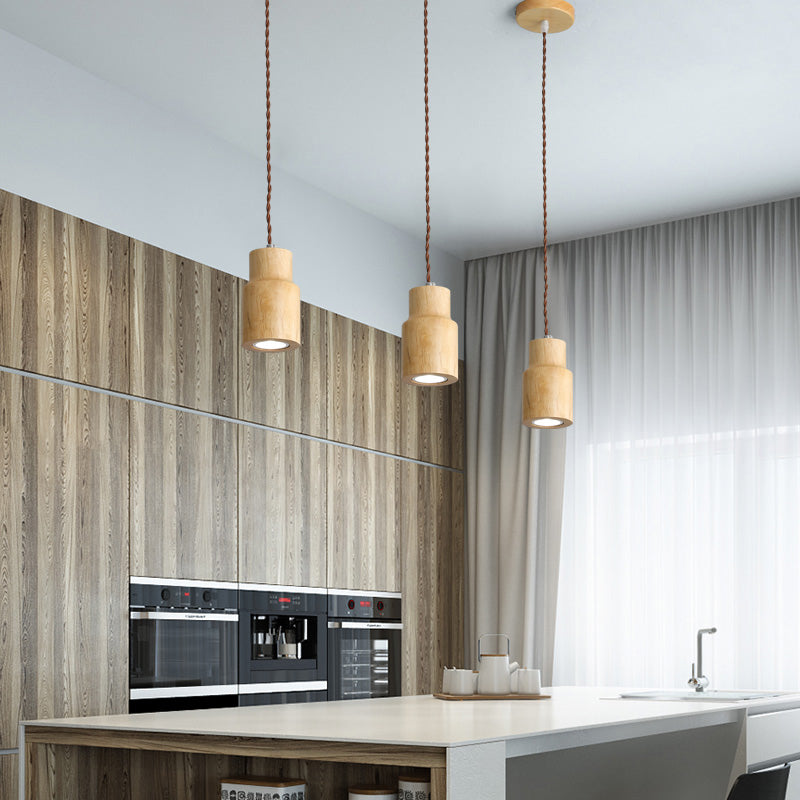 Geometric Shaped Ceiling Pendant Simple Wooden LED Kitchen Suspension Light in Beige
