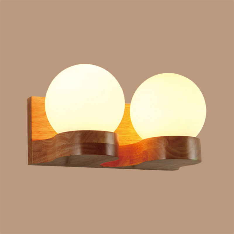 Modern Sphere Shade Sconce Light Fixture Cream Glass LED Living Room Wall Lighting in Wood