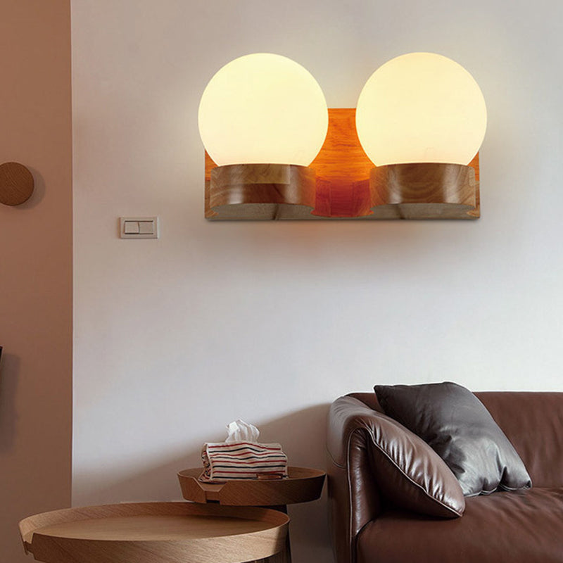 Modern Sphere Shade Sconce Light Fixture Cream Glass LED Living Room Wall Lighting in Wood