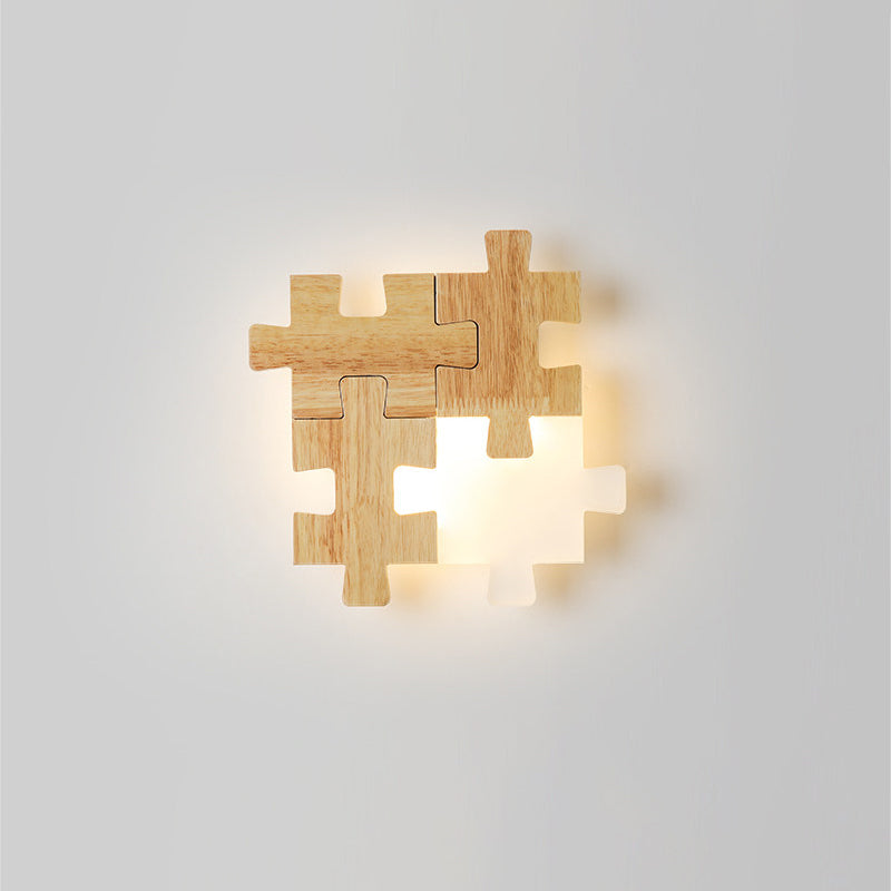 Jigsaw Puzzle Sconce Light Simple LED Wood Wall Lighting Fixture with Opal Glass Shade for Bedroom