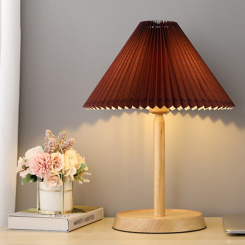 Geometric Table Light Modern Fabric Single Wood Nightstand Lamp in Beige for Bedroom