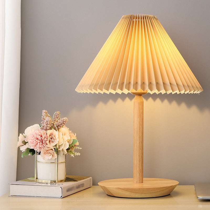 Geometric Table Light Modern Fabric Single Wood Nightstand Lamp in Beige for Bedroom