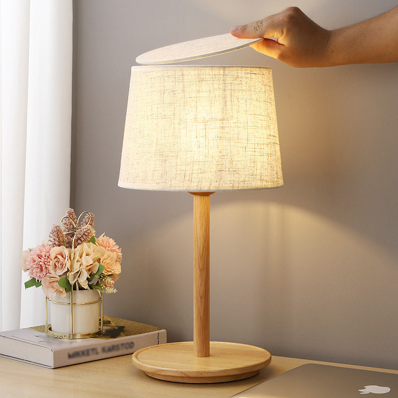 Geometric Table Light Modern Fabric Single Wood Nightstand Lamp in Beige for Bedroom