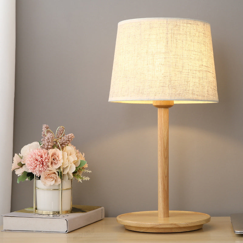 Geometric Table Light Modern Fabric Single Wood Nightstand Lamp in Beige for Bedroom
