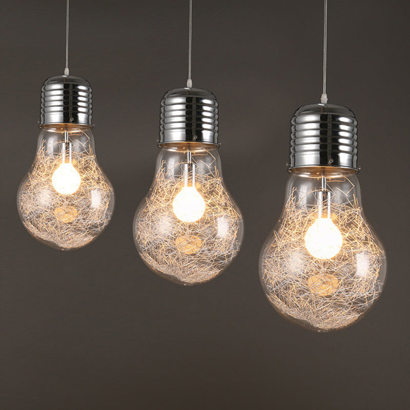 Lámpara colgante en forma de bombilla de vidrio transparente 1 lámpara de suspensión de luz en plata