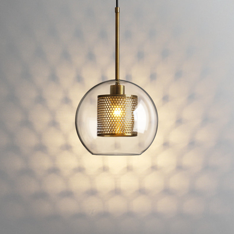 Clear Glass Orb Pendant Lighting Modernity 1 Head Hanging Ceiling Light with Inside Mesh Cage
