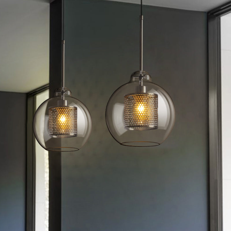 Clear Glass Orb Pendant Lighting Modernity 1 Head Hanging Ceiling Light with Inside Mesh Cage