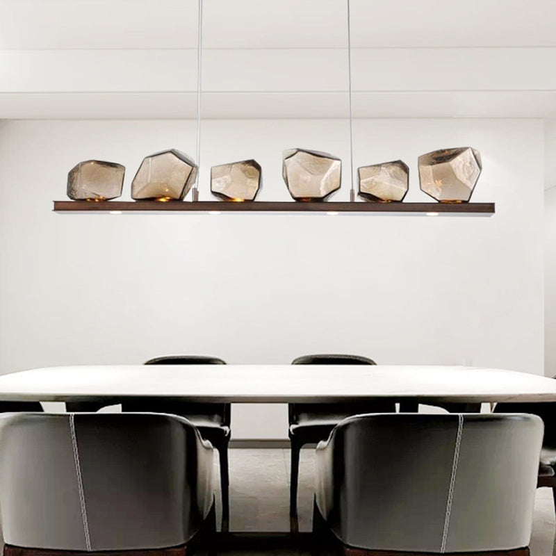 Amber Glass Stone Pendant Lamp Minimalist 6-Bulb Island Lighting Fixture in Brown