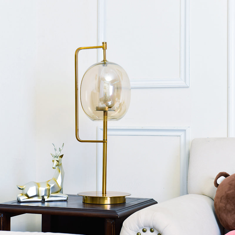 Minimal Oval Table Lamp Smoke Glass 1-Head Dining Room Nightstand Light with Right Angle Arm