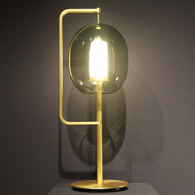 Minimal Oval Table Lamp Smoke Glass 1-Head Dining Room Nightstand Light with Right Angle Arm