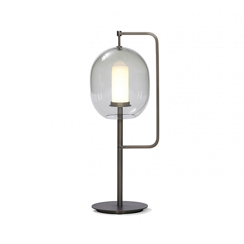 Minimal Oval Table Lamp Smoke Glass 1-Head Dining Room Nightstand Light with Right Angle Arm