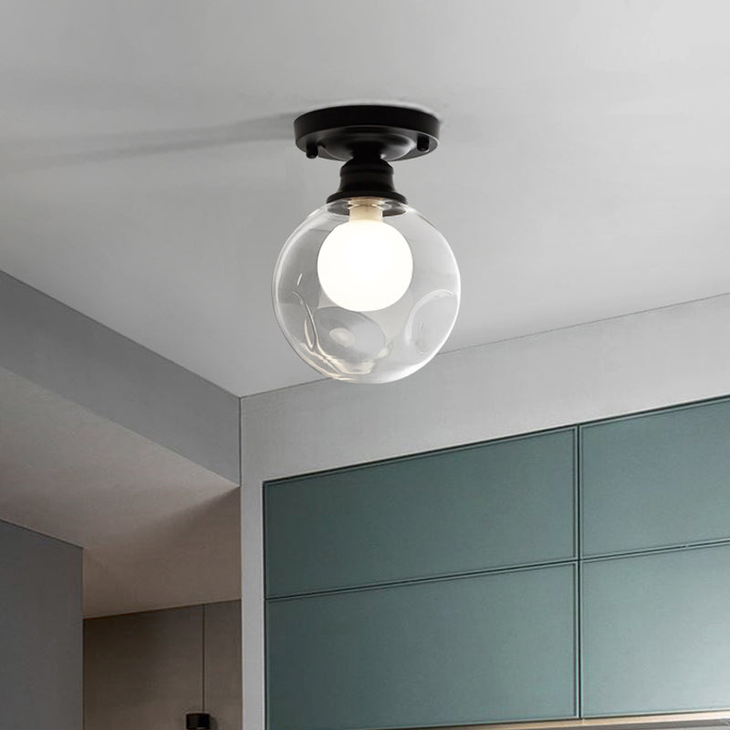 1-Light Corridor Flush Light Fixture Modern Black Flush Mount Lighting with Globe Dual Glass Shade