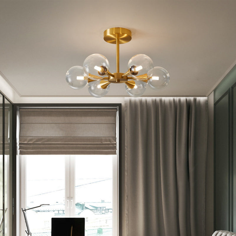 Brass Globe Semi Flush Light Minimalist Glass LED Close to Ceiling Lamp for Bedroom