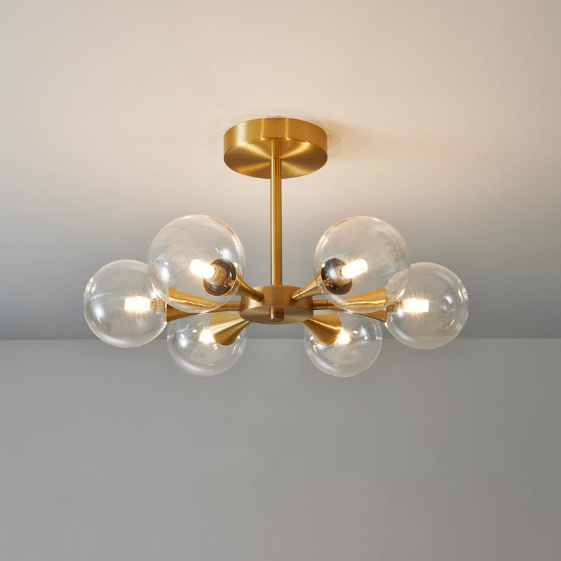 Brass Globe Semi Flush Light Minimalist Glass LED Close to Ceiling Lamp for Bedroom