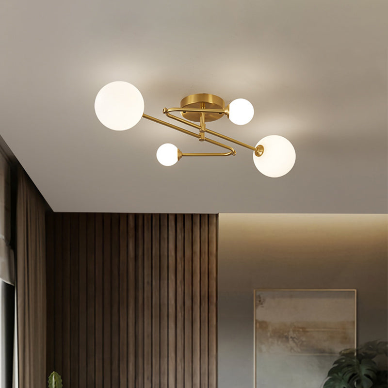 Orb Semi Mount Lighting Simple Salon en Verre Opalin Près du Plafonnier en Or