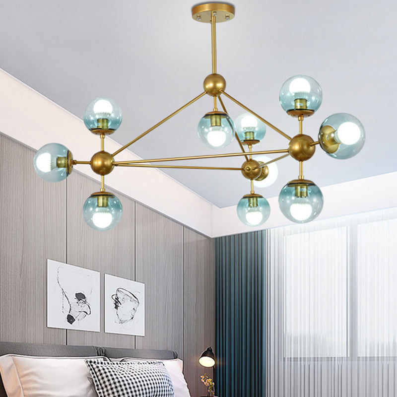Lampada a ciondolo a sfera a sfera blu gradiente contemporanea il lampadario dorato a 10 teste per camera da letto