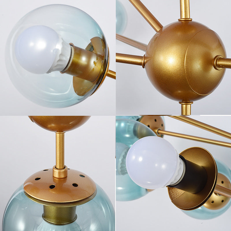 Lampada a ciondolo a sfera a sfera blu gradiente contemporanea il lampadario dorato a 10 teste per camera da letto