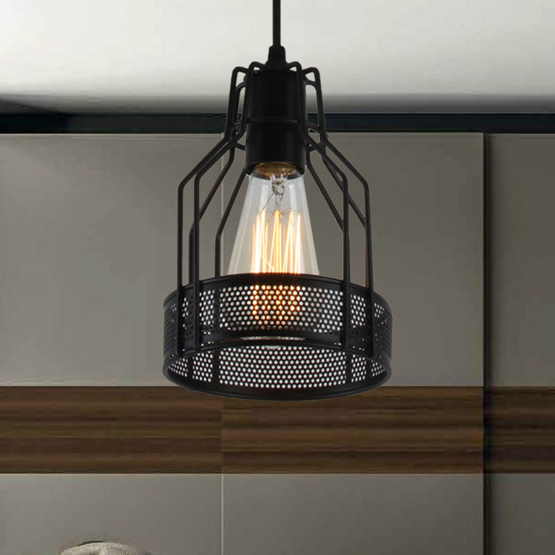 Caged Restaurant Pendant Lighting Antique Industrial Metal 1 Bulb Black Hanging Fixture with Mesh Screen