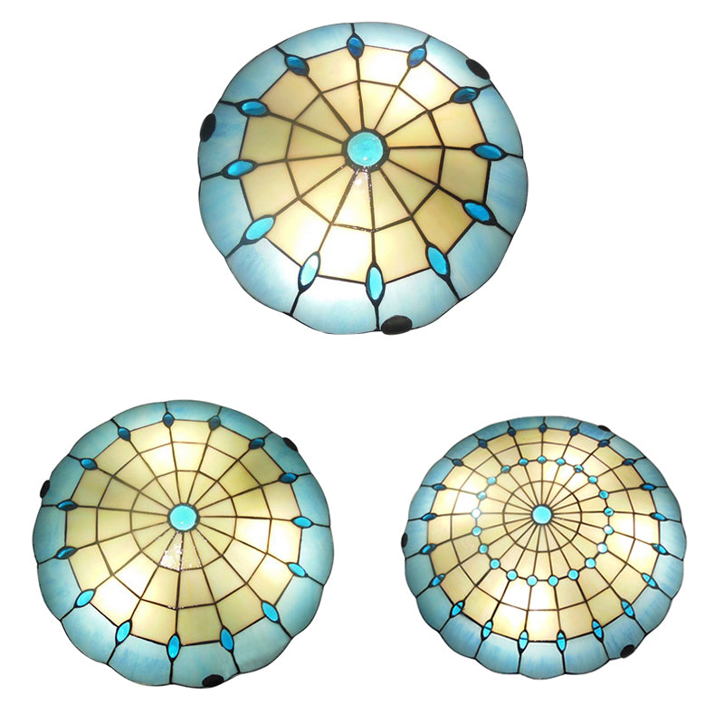 12"/16"/19.5" Wide Bedroom Ceiling Light Tiffany Blue Dome Shade Flush Mount Light with Jewel Decoration