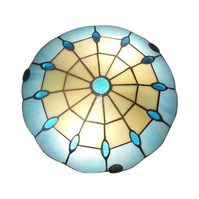 12"/16"/19.5" Wide Bedroom Ceiling Light Tiffany Blue Dome Shade Flush Mount Light with Jewel Decoration