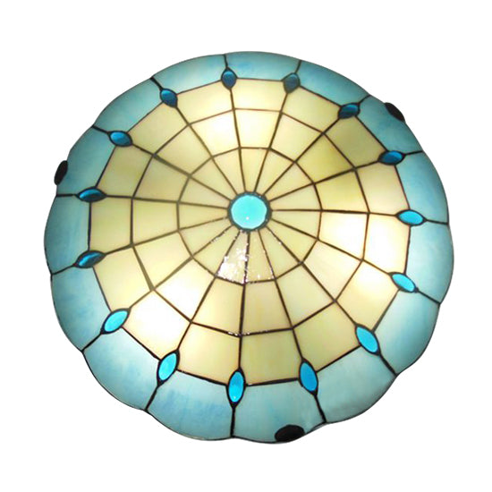 12"/16"/19.5" Wide Bedroom Ceiling Light Tiffany Blue Dome Shade Flush Mount Light with Jewel Decoration