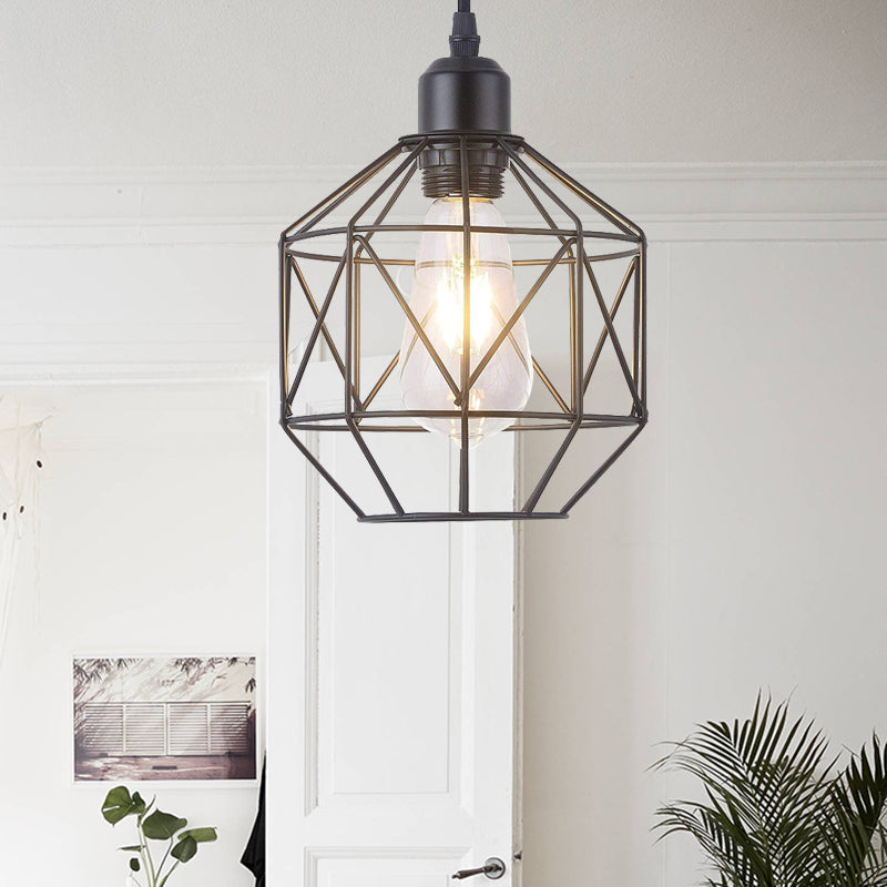 1-Light Prism Cage Pendant Lamp Vintage Black Metal Hanging Light Fixture for Dining Room