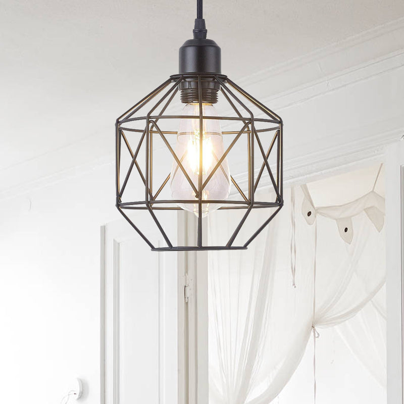 1-Light Prism Cage Pendant Lamp Vintage Black Metal Hanging Light Fixture for Dining Room