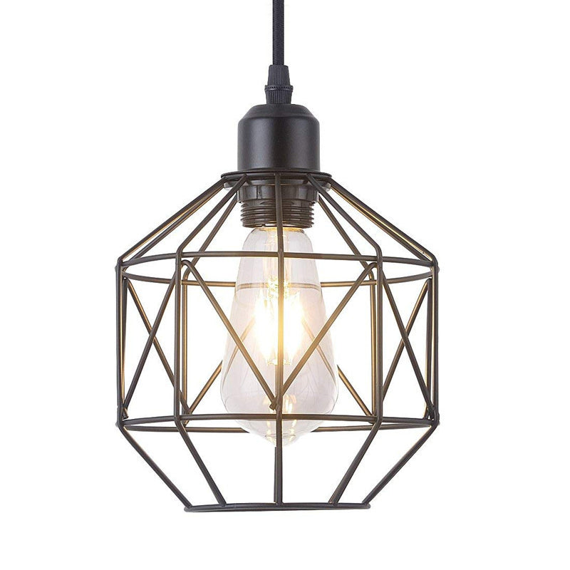 1-Light Prism Cage Pendant Lamp Vintage Black Metal Hanging Light Fixture for Dining Room